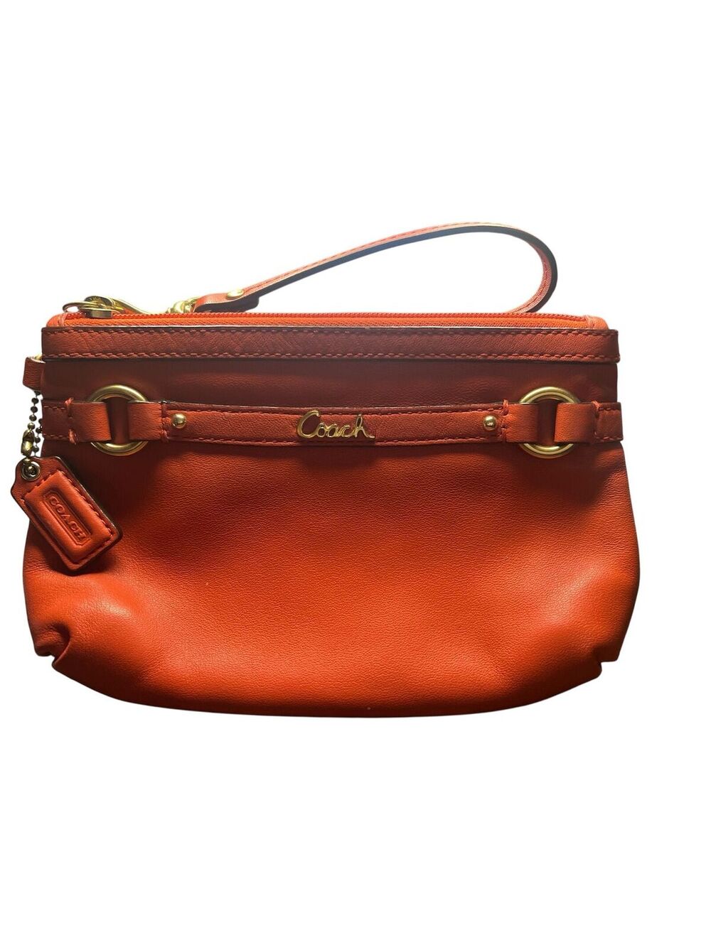 WR3. Coach Dark Coral (orangish)Gold Tone Accents Leather Purse Pouch Wristlet